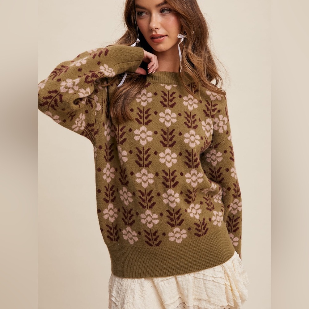Flower Pattern Olive Sweater.